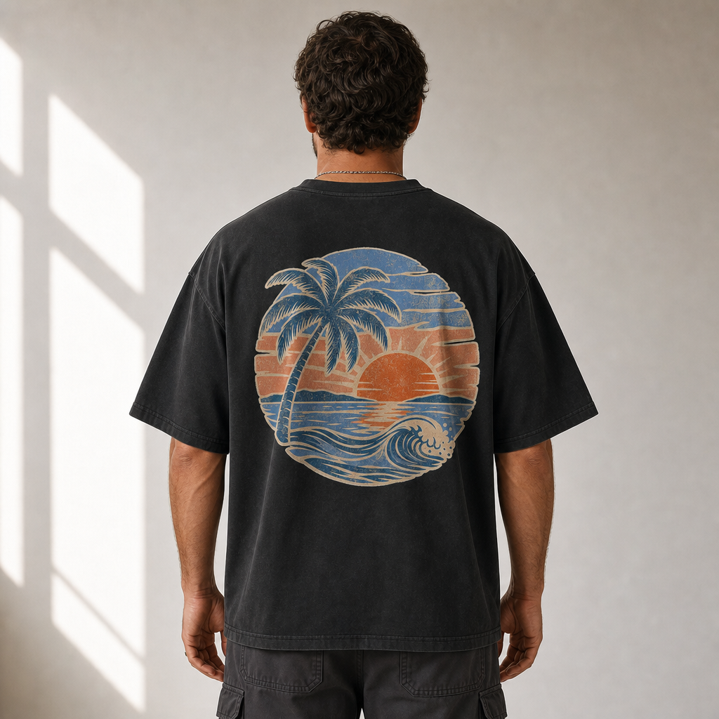 Solstice Horizon Oversized Tee in Faded Black – back view worn by an adult man