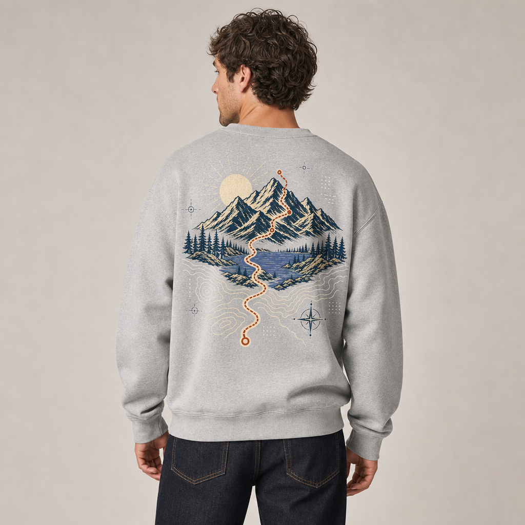Alpine Route Sweatshirt in Sport Grey – back view worn by an adult man