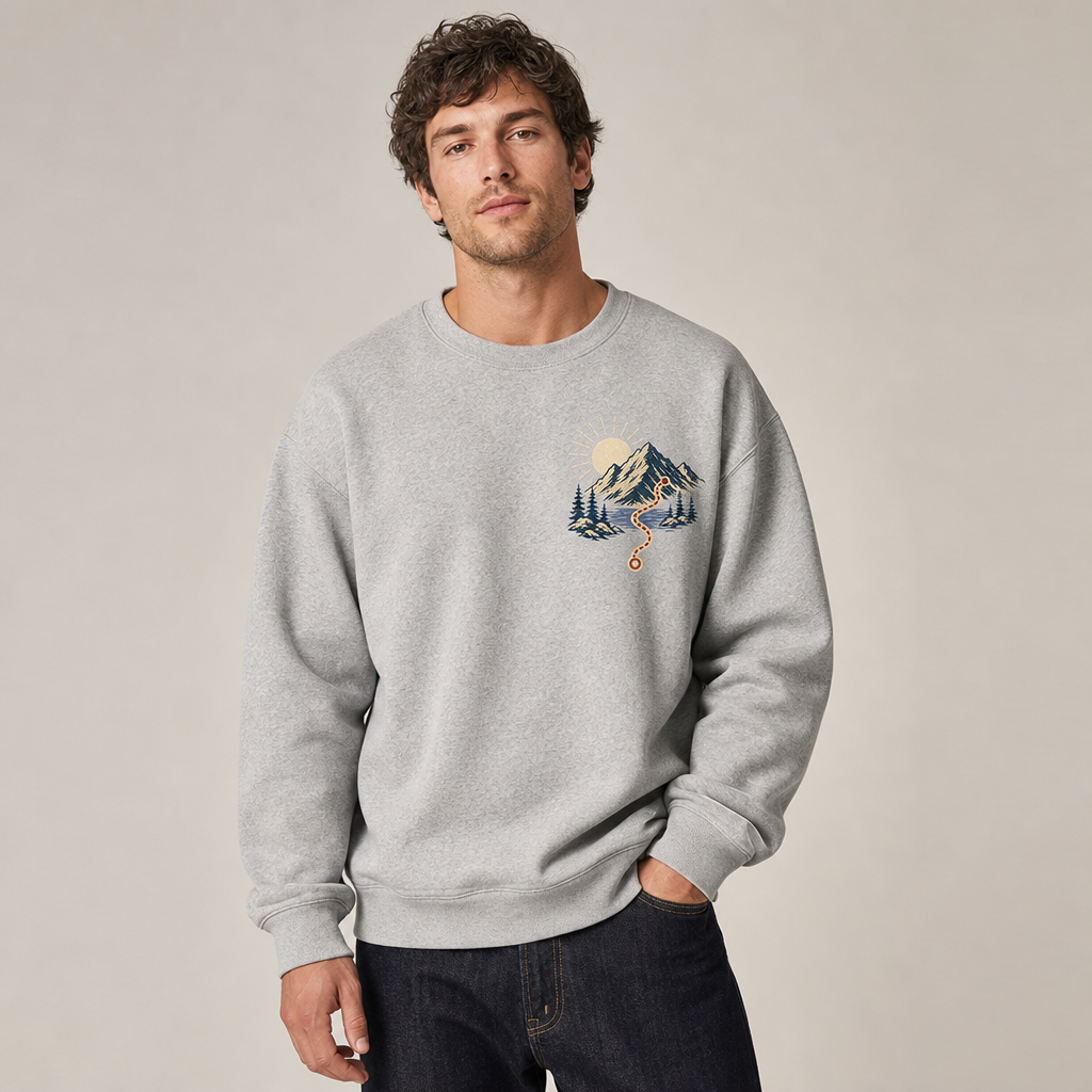 Alpine Route Sweatshirt in Sport Grey – front view worn by an adult man