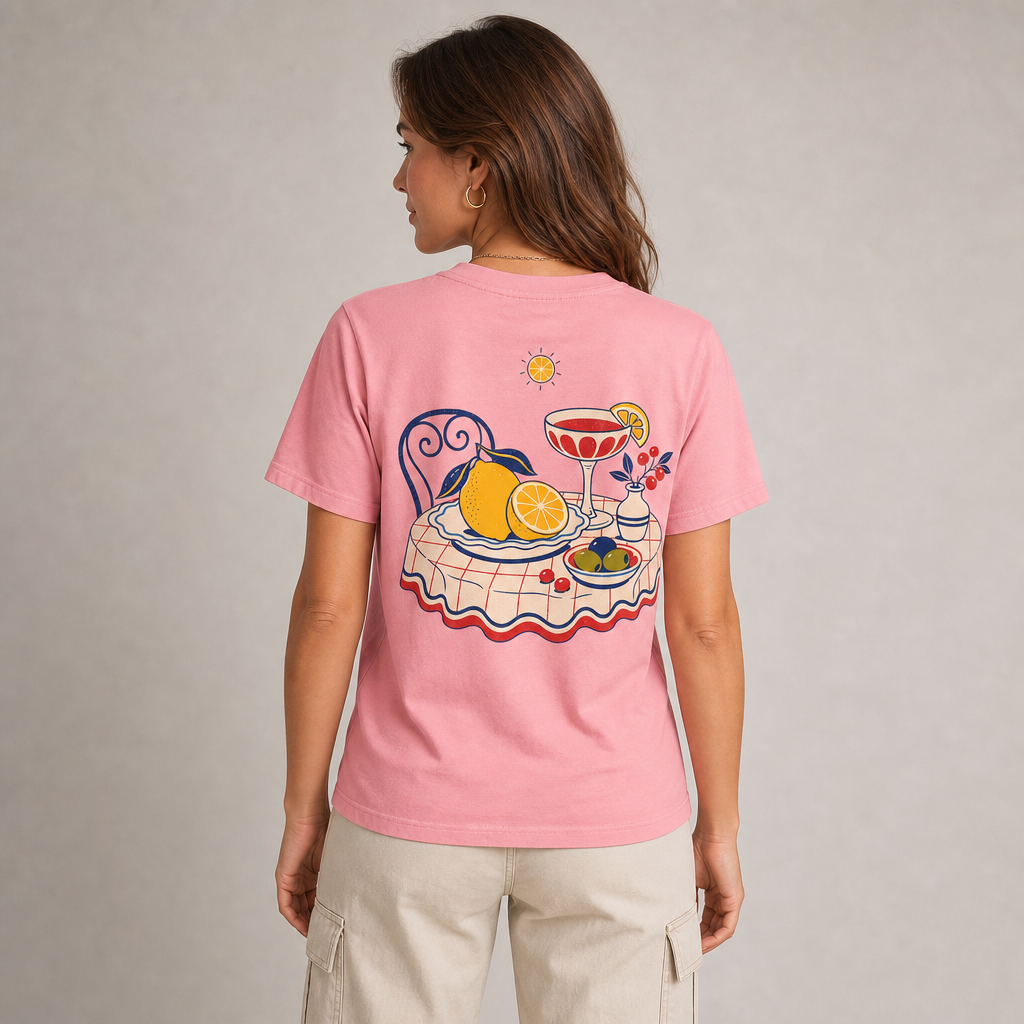 Amalfi Table Women's Tee in Vintage White – back view worn by an adult woman