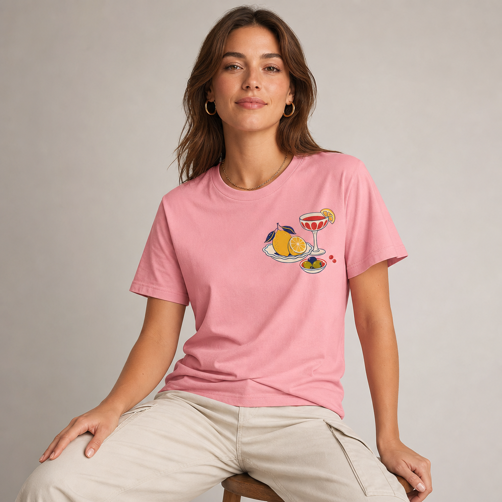Amalfi Table Women's Tee in Vintage White – front view worn by an adult woman