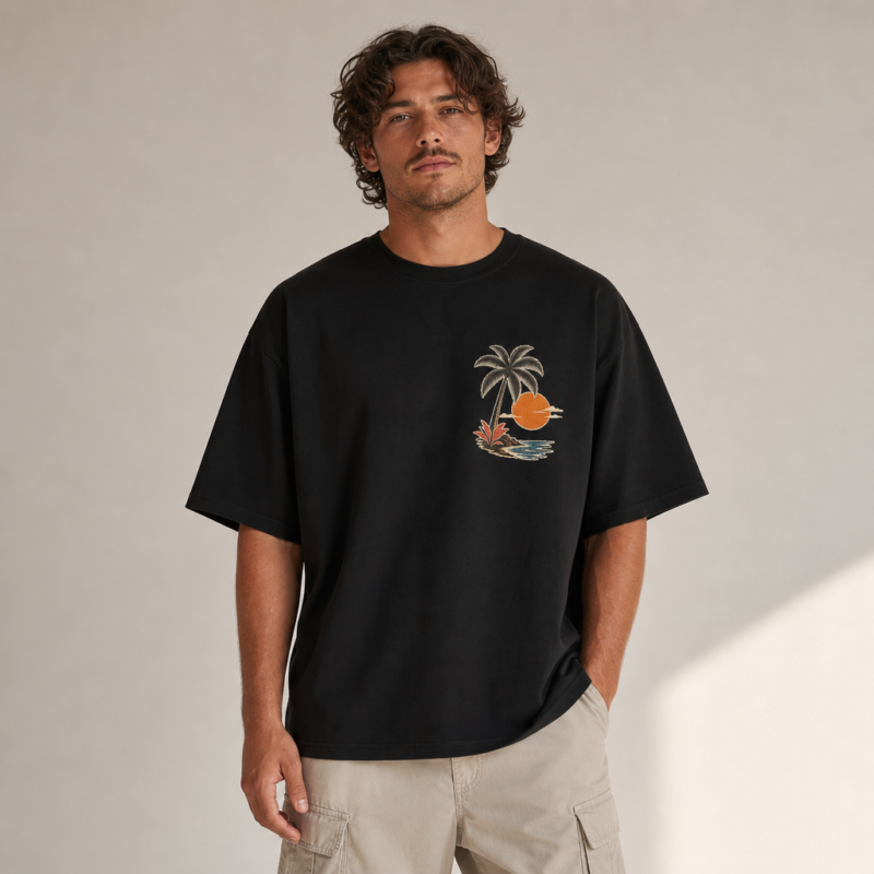 Palm Beach Club t-shirt in Black – front view worn by an adult man