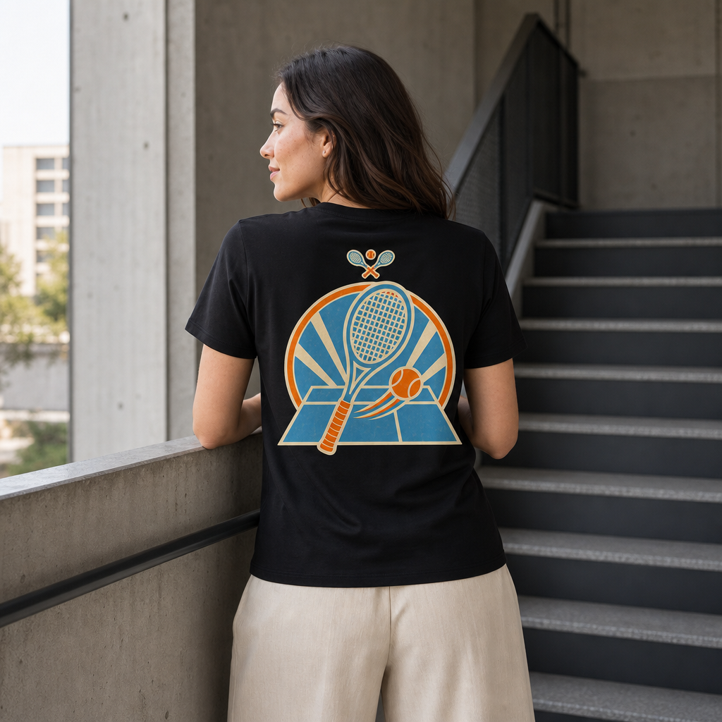 Court Club Women's Tee in Black – back view worn by an adult woman