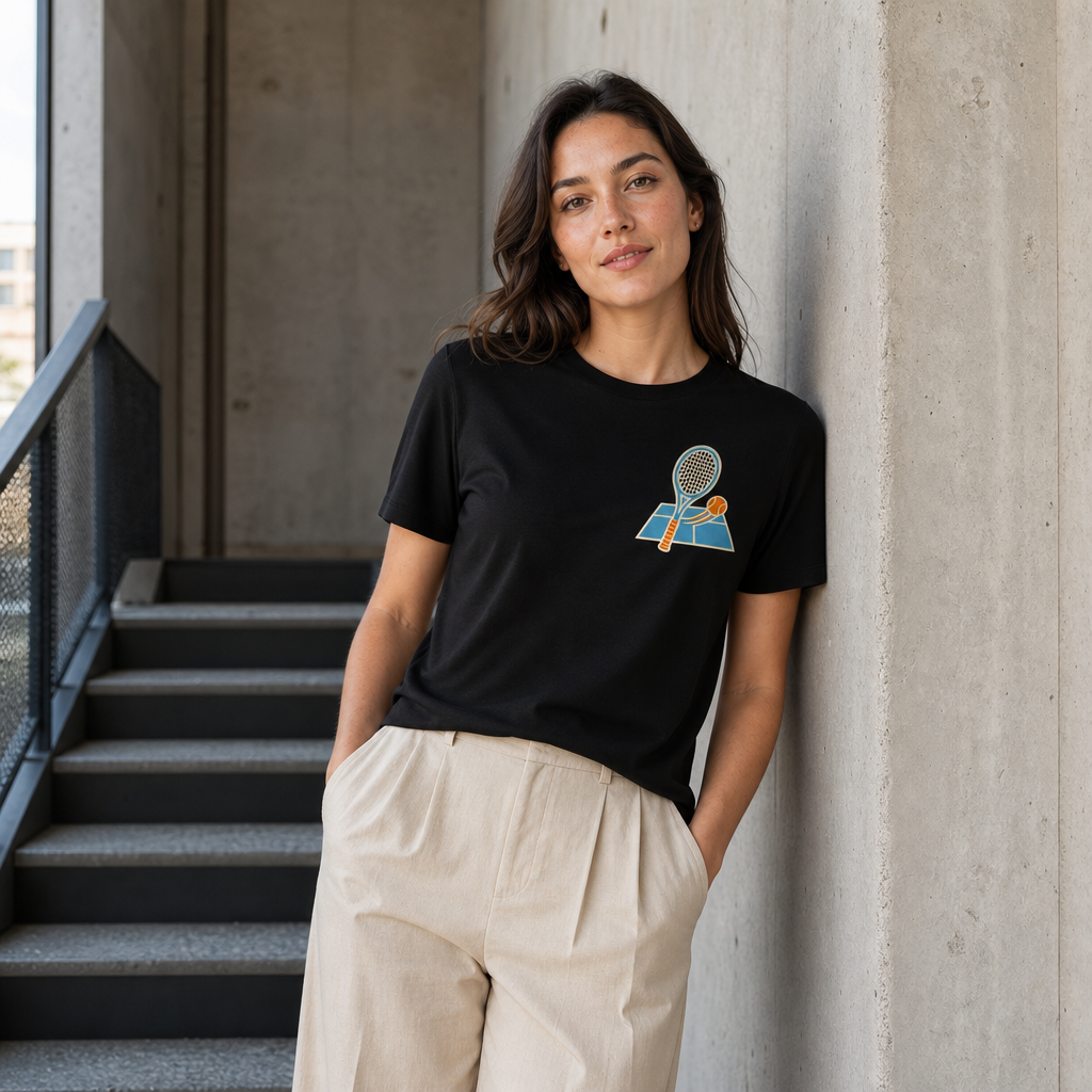 Court Club Women's Tee in Black – front view worn by an adult woman