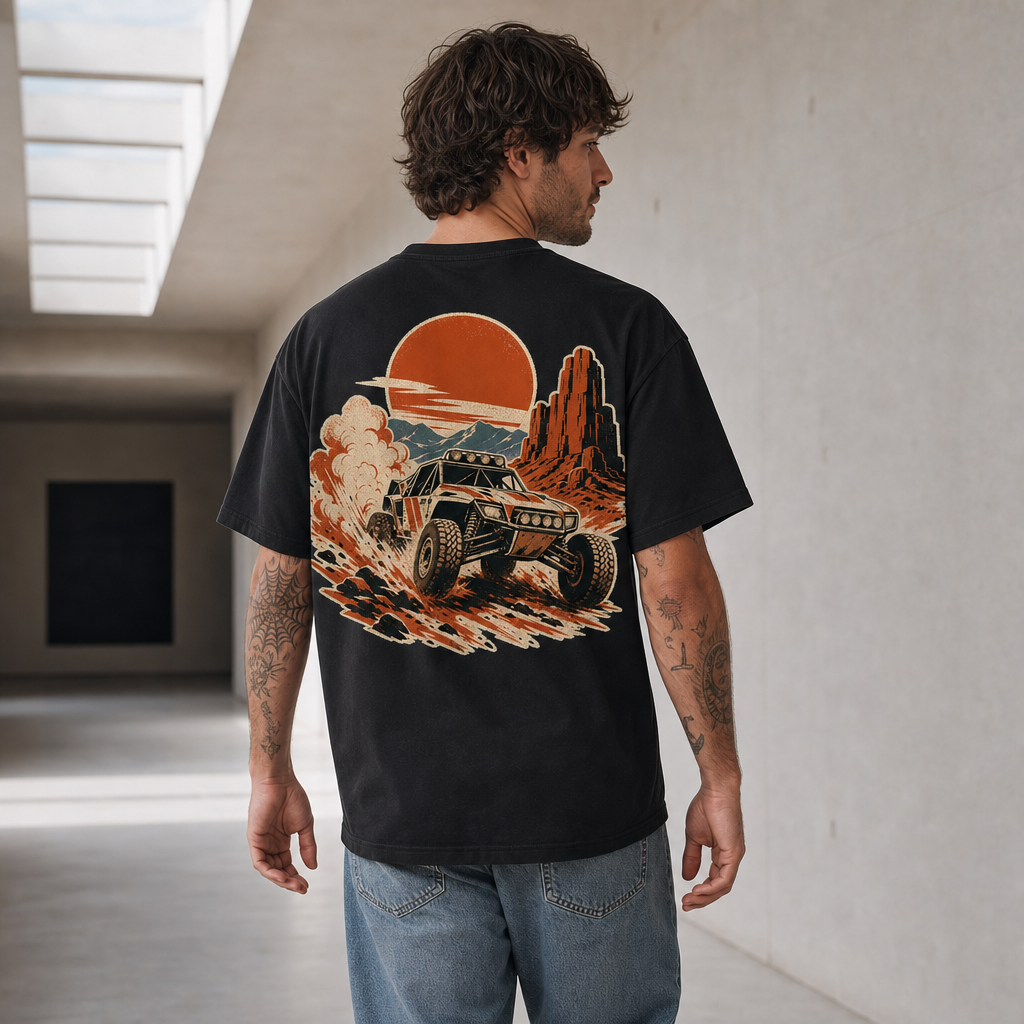 Desert Rally Heavy Tee in Black – back view worn by an adult man
