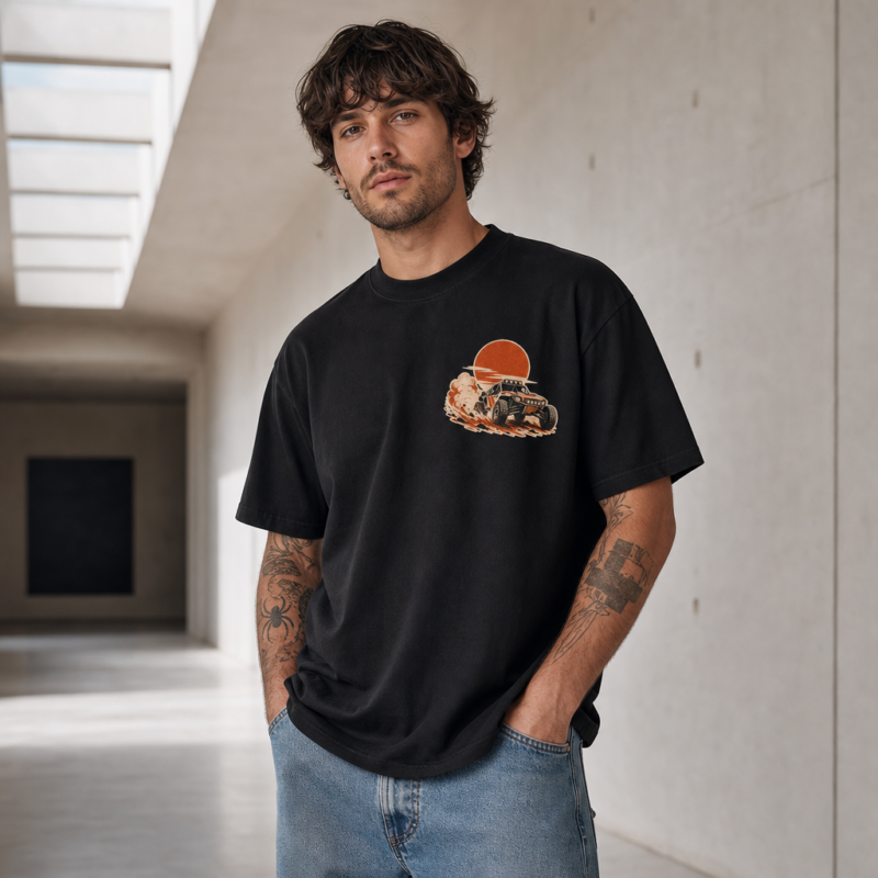 Desert Rally Heavy Tee in Black – front view worn by an adult man