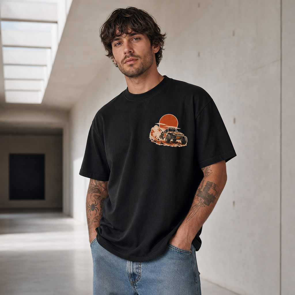 Desert Rally Heavy Tee in Black – front view worn by an adult man