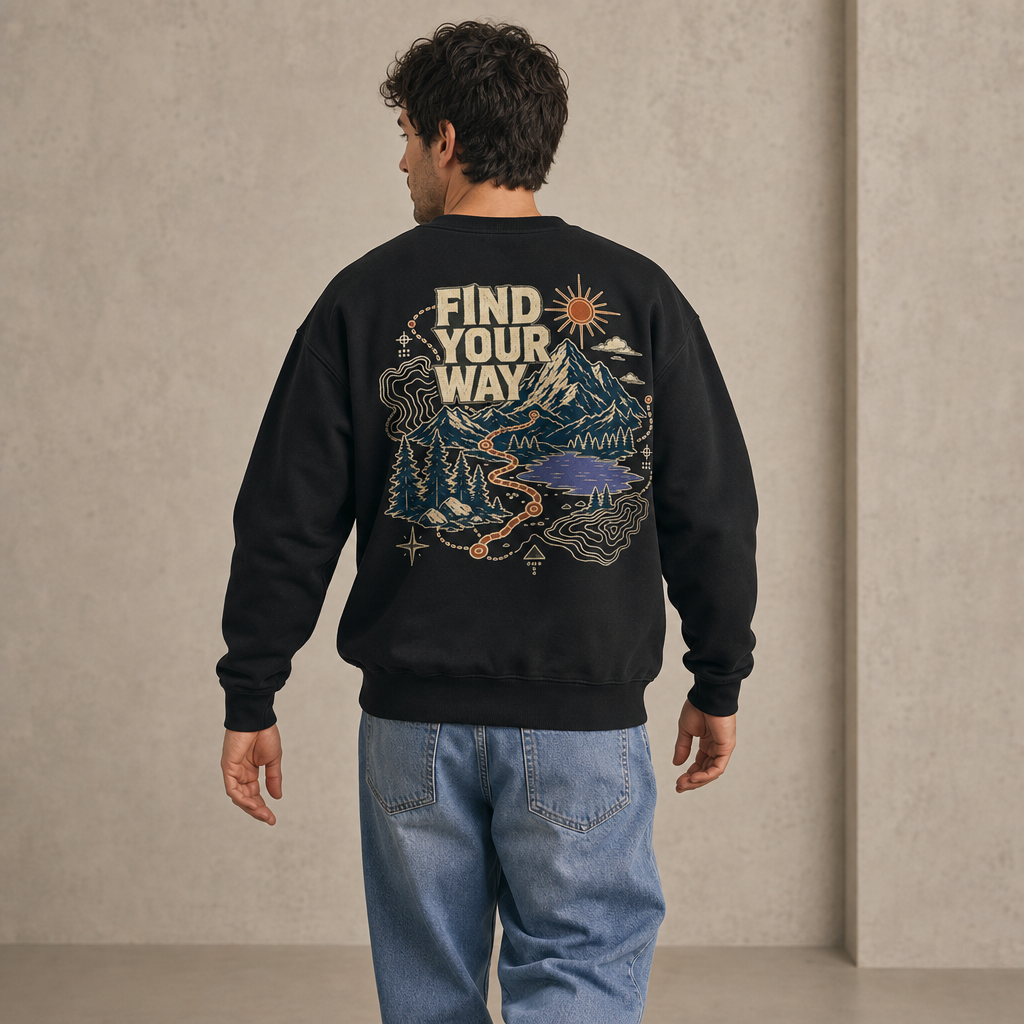 Find Your Way Crewneck Sweatshirt in Black – back view worn by an adult man