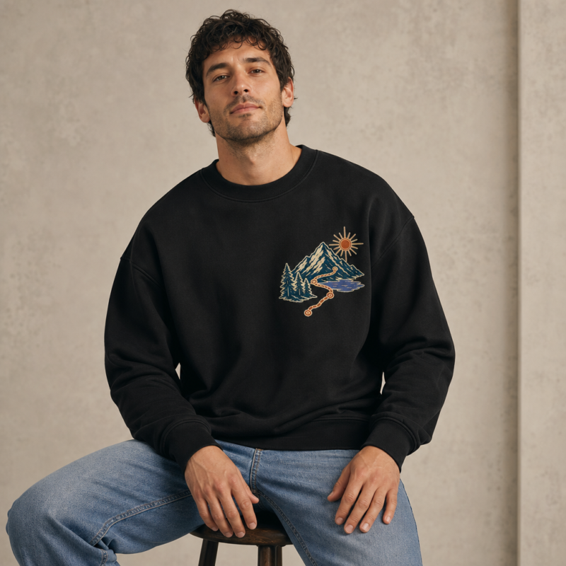 Find Your Way Crewneck Sweatshirt in Black – front view worn by an adult man