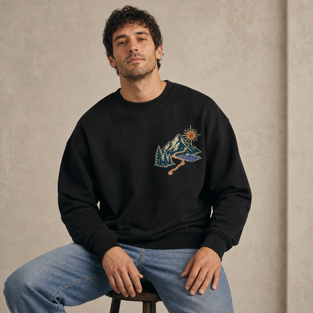 Find Your Way Crewneck Sweatshirt in Black – front view worn by an adult man