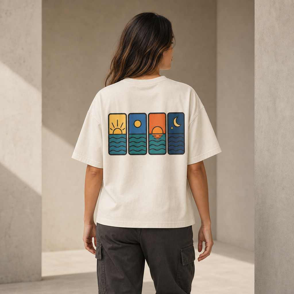 Four Horizons Boxy Tee in Natural – back view worn by an adult woman