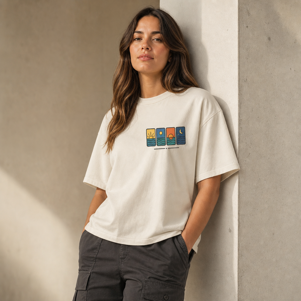 Four Horizons Boxy Tee in Natural – front view worn by an adult woman