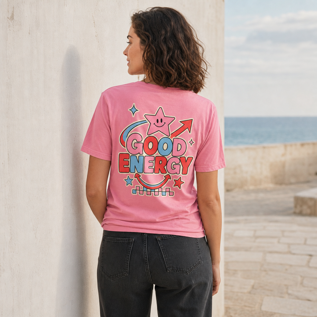 Good Energy Women's Tee in Light Pink – back view worn by an adult woman