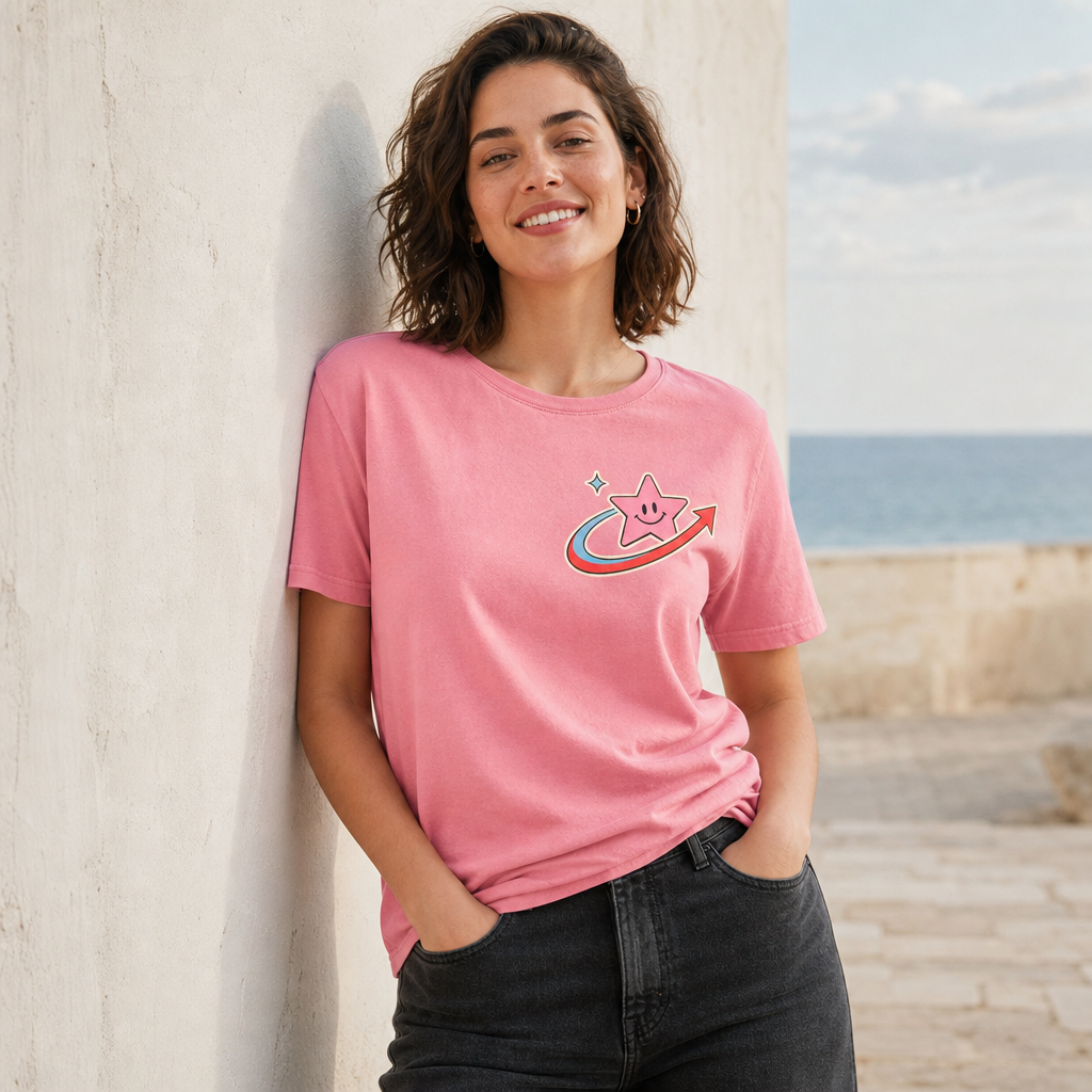 Good Energy Women's Tee in Light Pink – front view worn by an adult woman