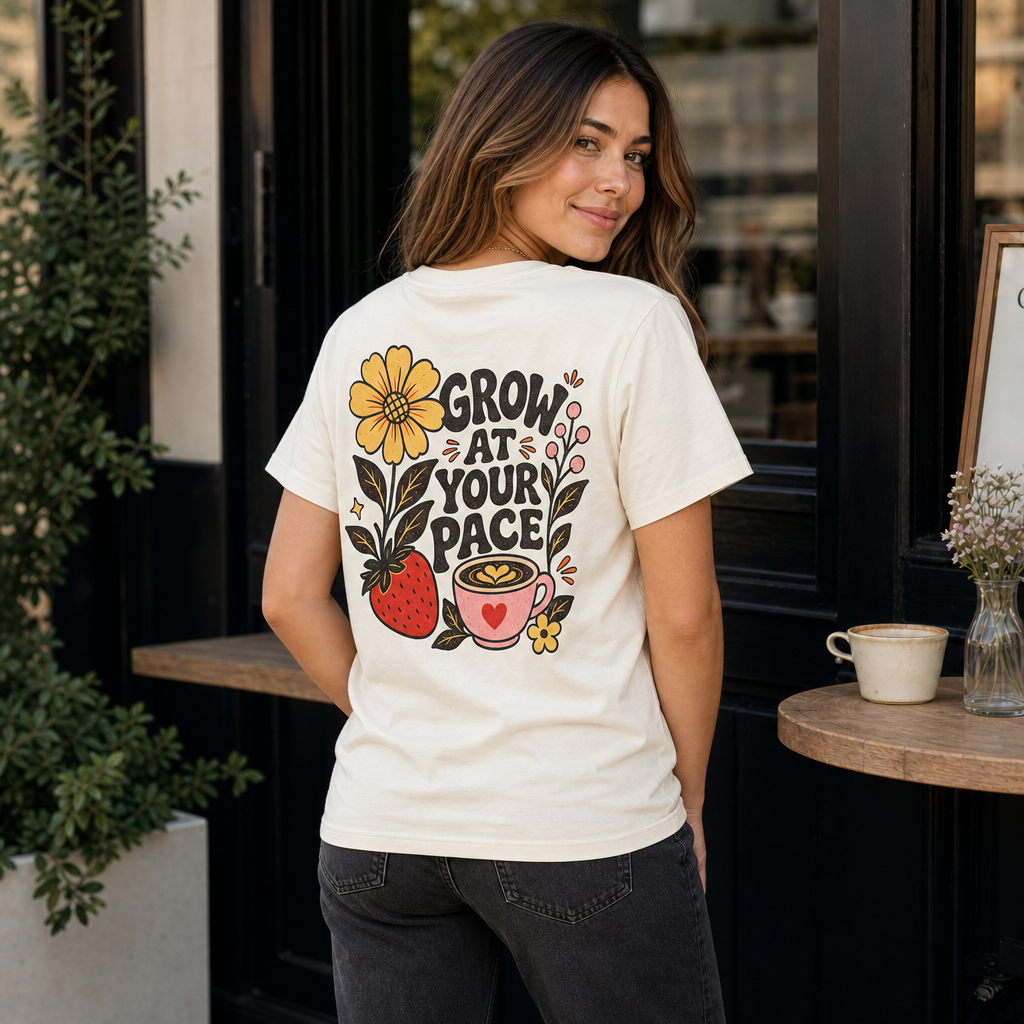 Grow At Your Pace Women's Tee in Vintage White – back view worn by an adult woman