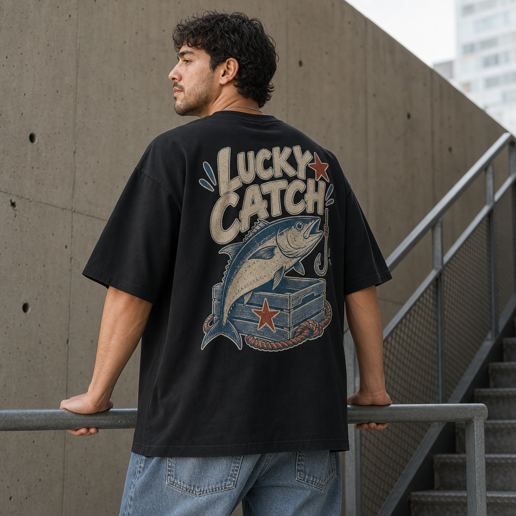 Lucky Catch Oversized Tee in Black – back view worn by an adult man
