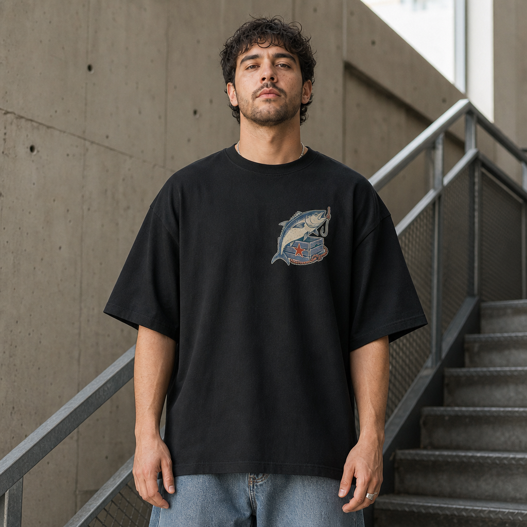 Lucky Catch Oversized Tee in Black – front view worn by an adult man
