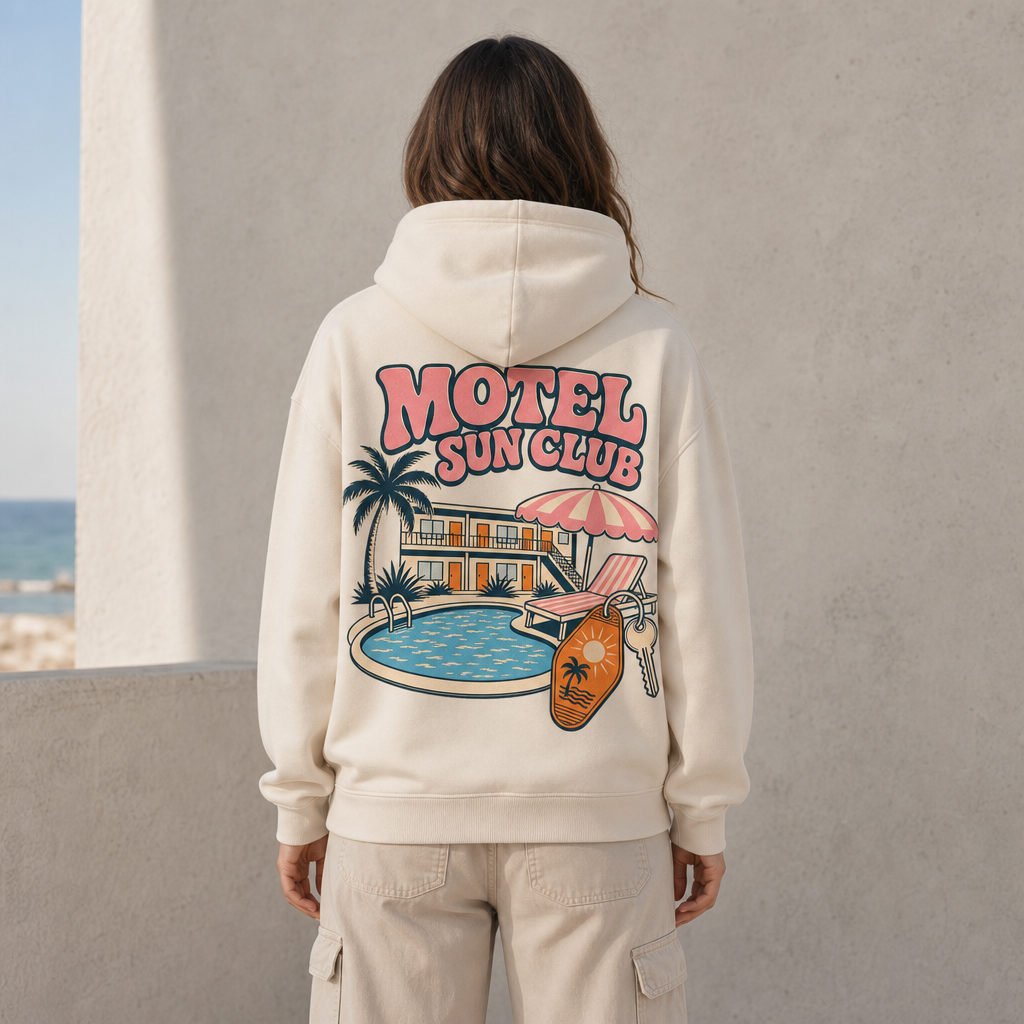 Motel Sun Club Hoodie in Bone – back view worn by an adult woman