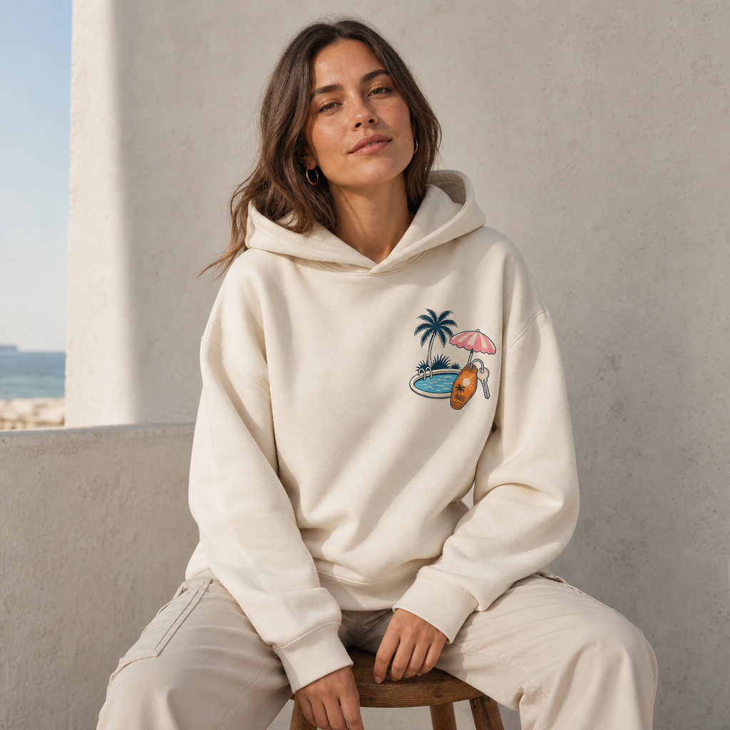 Motel Sun Club Hoodie in Bone – front view worn by an adult woman