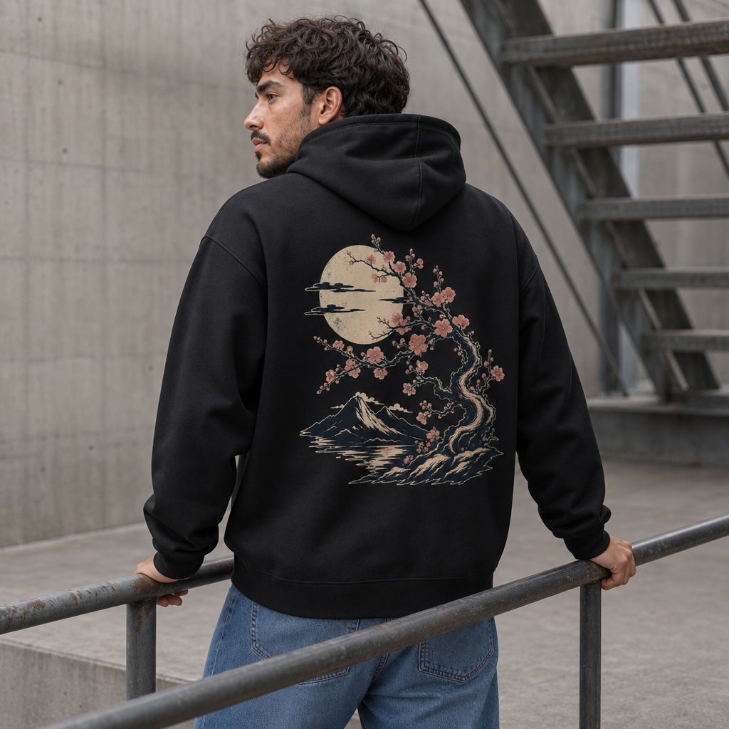 Night Blossom Hoodie in Black – back view worn by an adult man