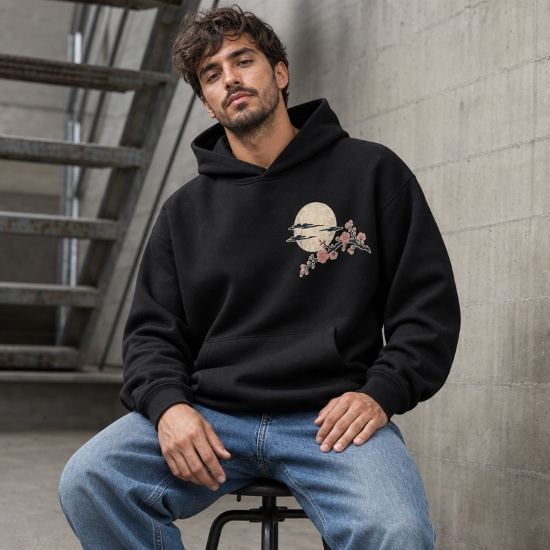 Night Blossom Hoodie in Black – front view worn by an adult man