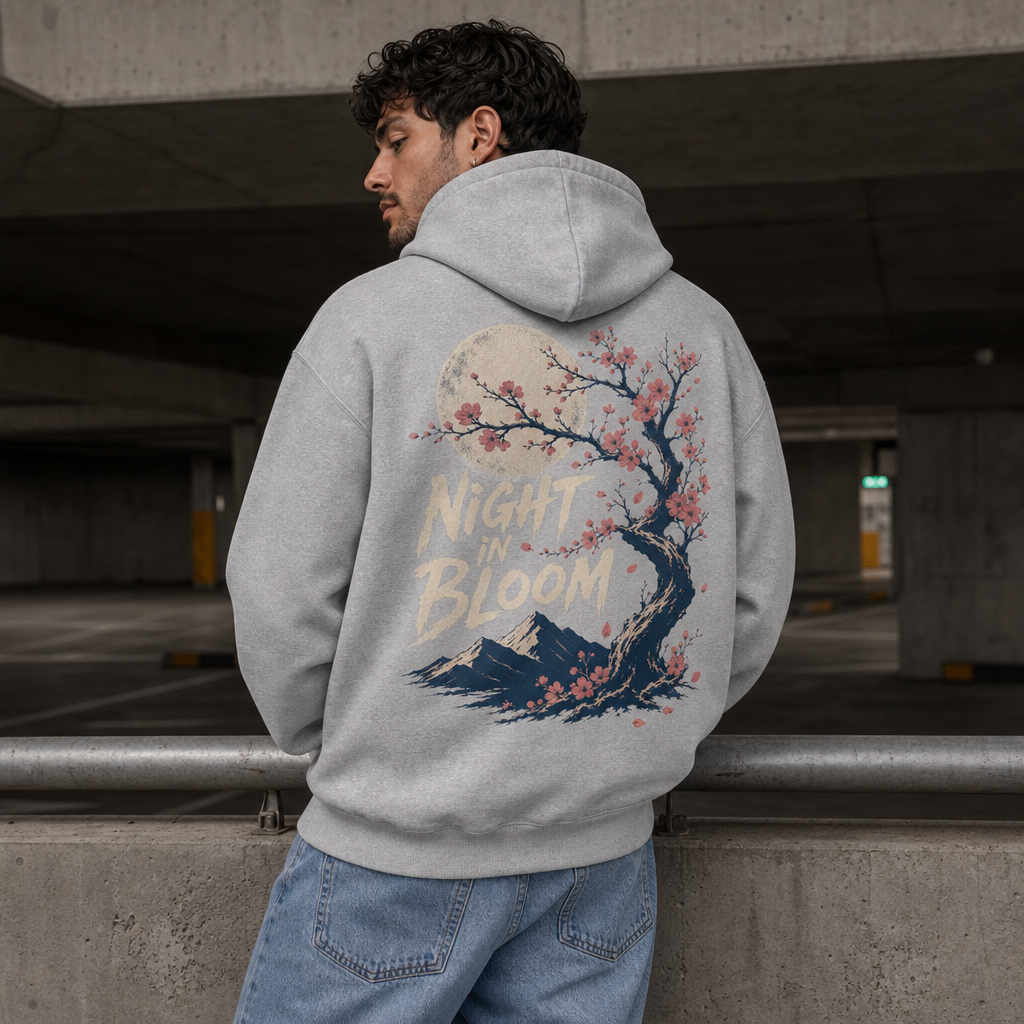 Night In Bloom Hoodie in RS Sport Grey – back view worn by an adult man