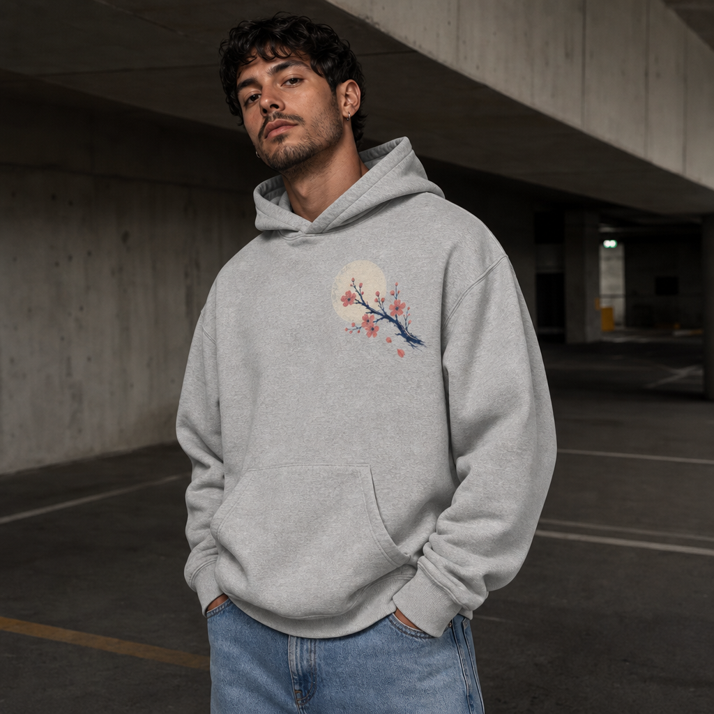 Night In Bloom Hoodie in RS Sport Grey – front view worn by an adult man