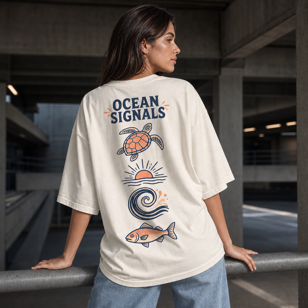 Ocean Signals Oversized Tee in White – back view worn by an adult woman