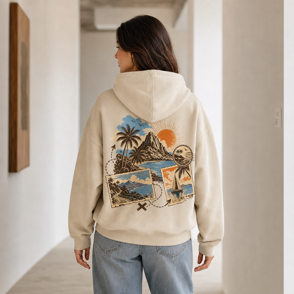 Postcard Club Hoodie in White – back view worn by an adult woman