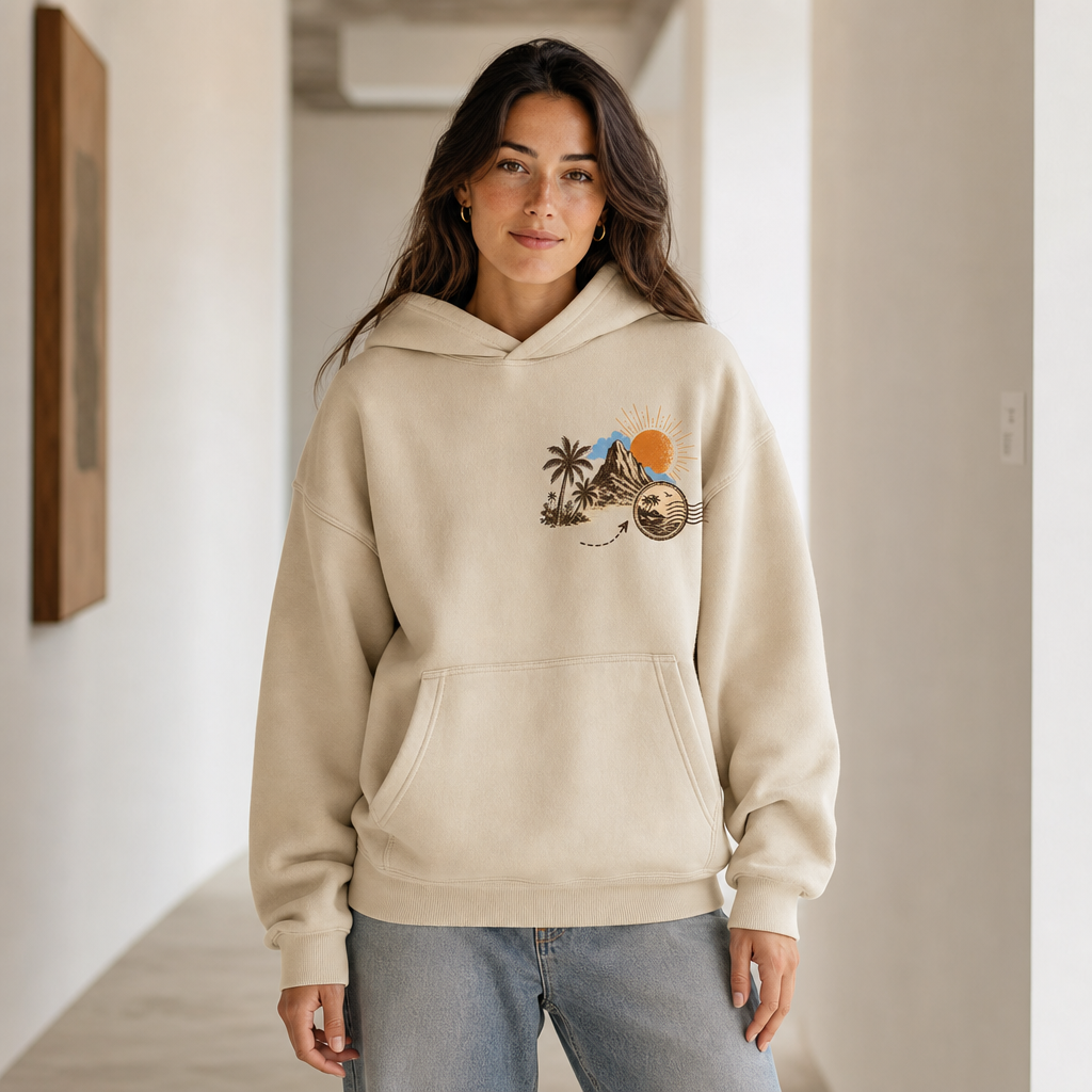 Postcard Club Hoodie in White – front view worn by an adult woman