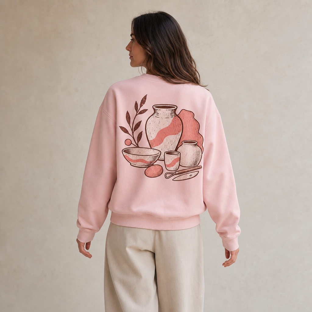Pottery Club Sweatshirt in Pink – back view worn by an adult woman