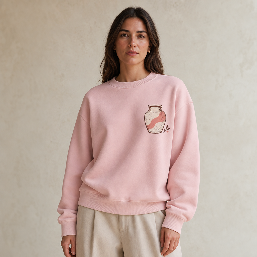 Pottery Club Sweatshirt in Pink – front view worn by an adult woman