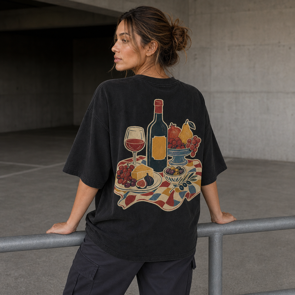 Slow Table Oversized Tee in Black – back view worn by an adult woman