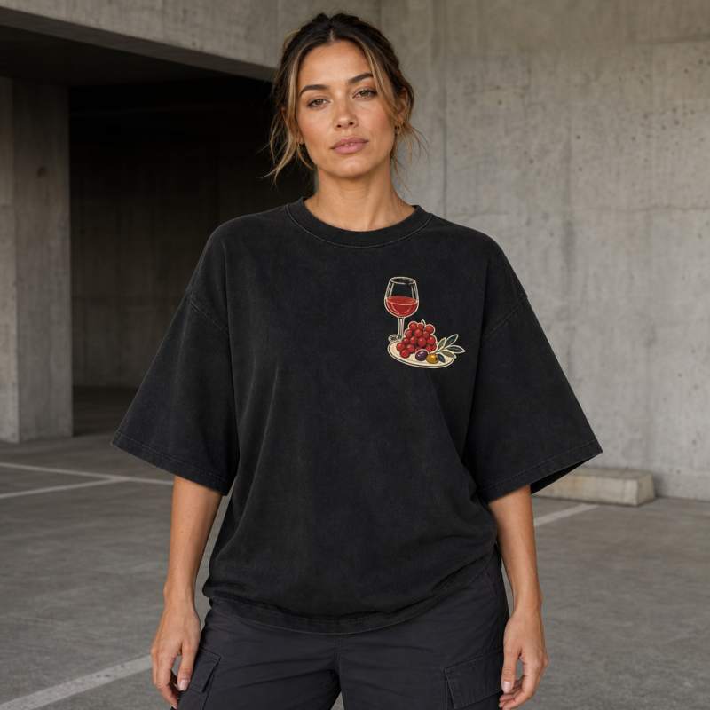 Slow Table Oversized Tee in Black – front view worn by an adult woman