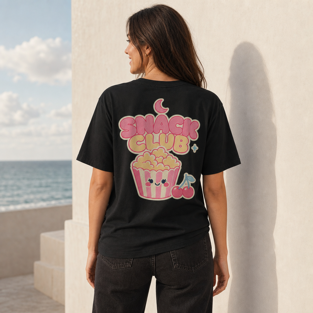 Snack Club Women's Tee in Black – back view worn by an adult woman