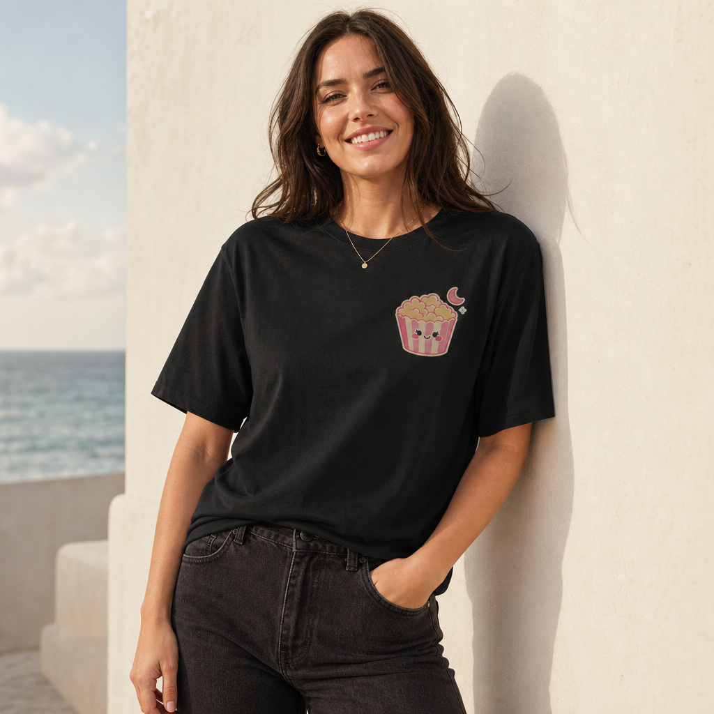 Snack Club Women's Tee in Black – front view worn by an adult woman