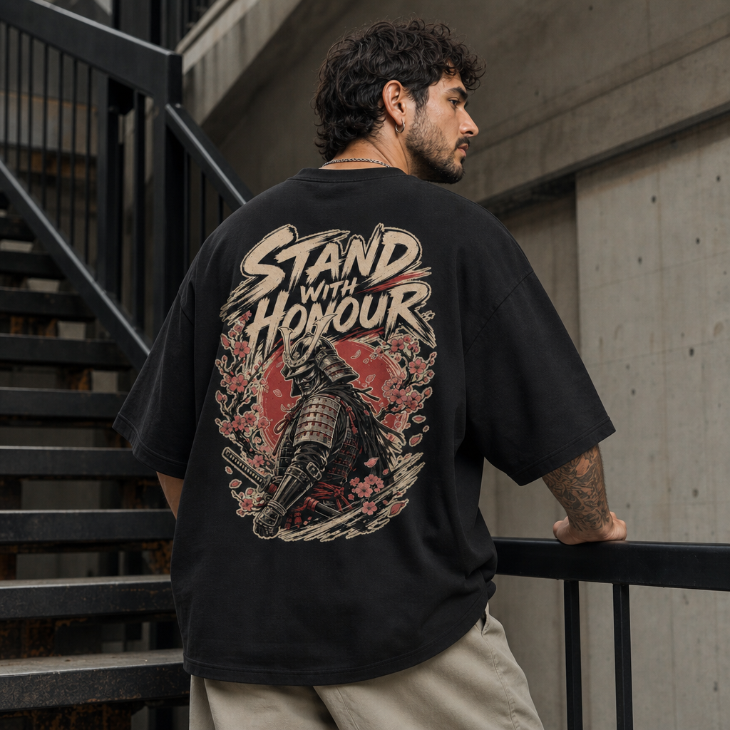 Stand With Honour Oversized Tee in Soft Cream – back view worn by an adult man