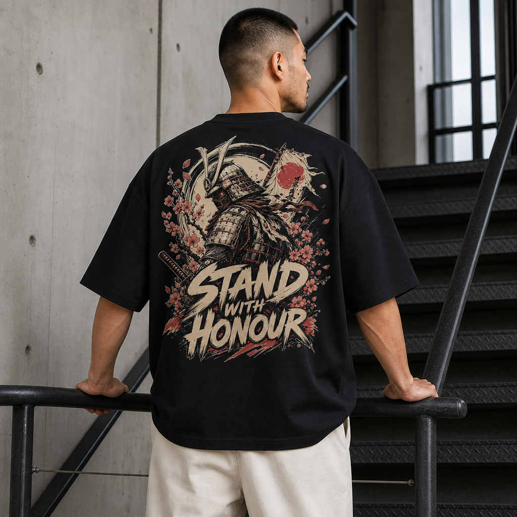 Stand With Honour Oversized Tee in Black – back view worn by an adult man