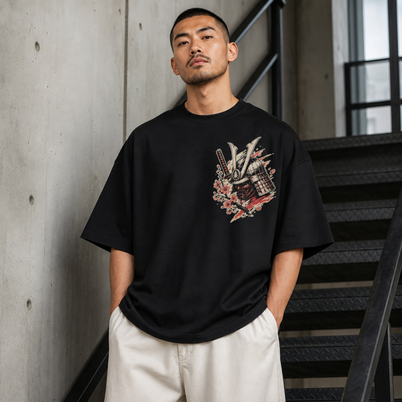 Stand With Honour Oversized Tee in Black – front view worn by an adult man
