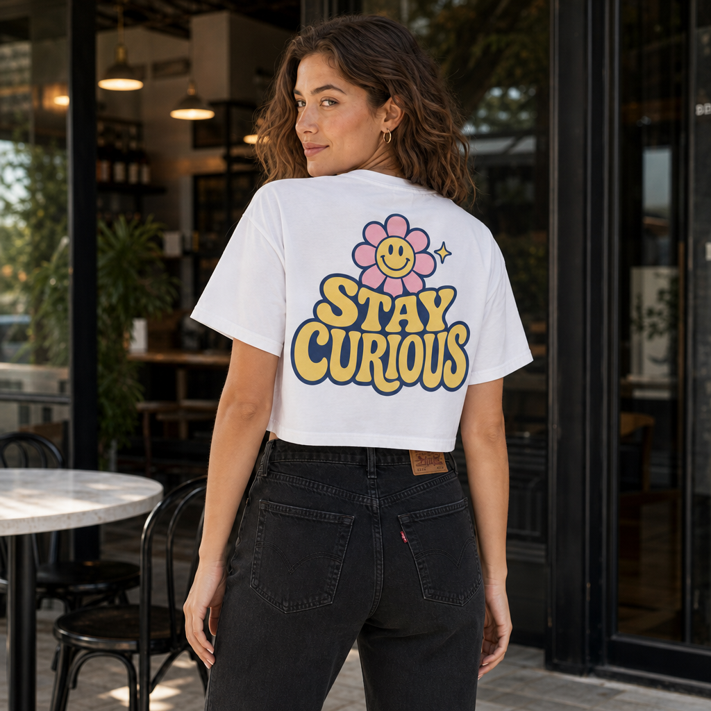 Stay Curious Crop Tee in Washed Black – back view worn by an adult woman