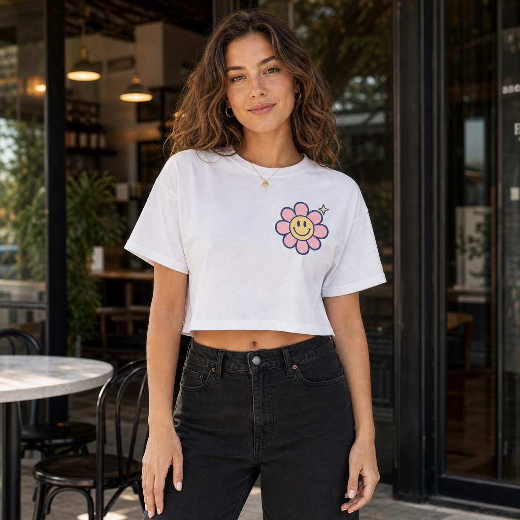Stay Curious Crop Tee in Washed Black – front view worn by an adult woman
