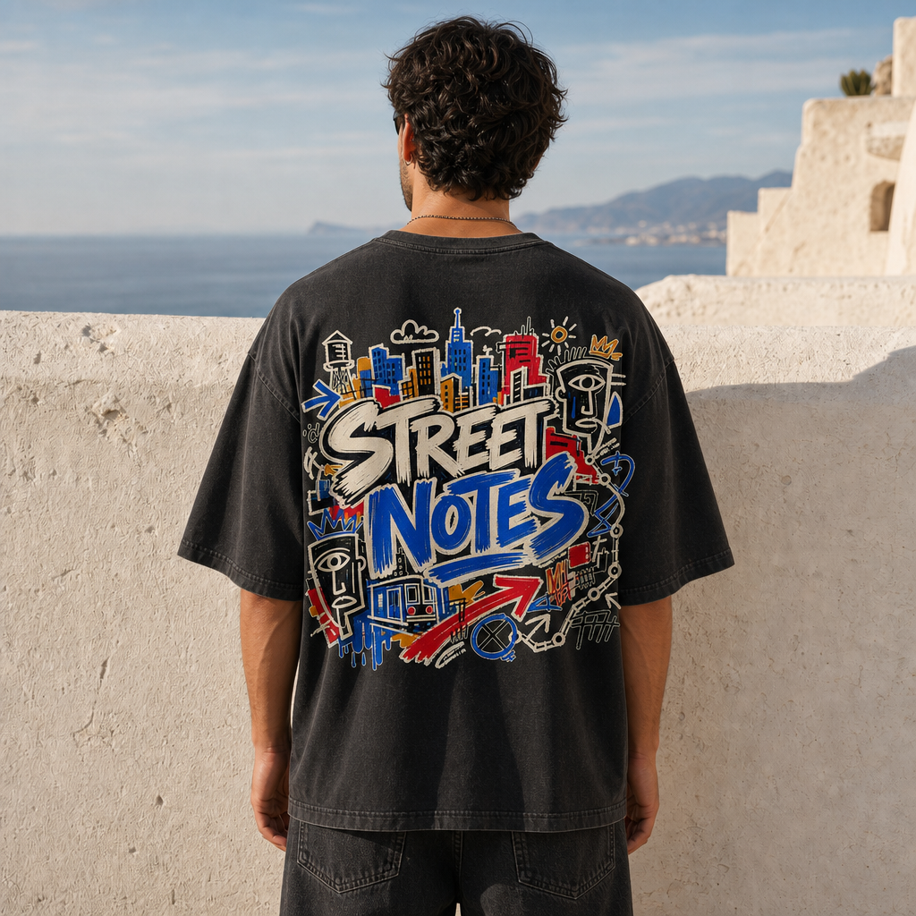 Street Notes Oversized Tee in Black – back view worn by an adult man