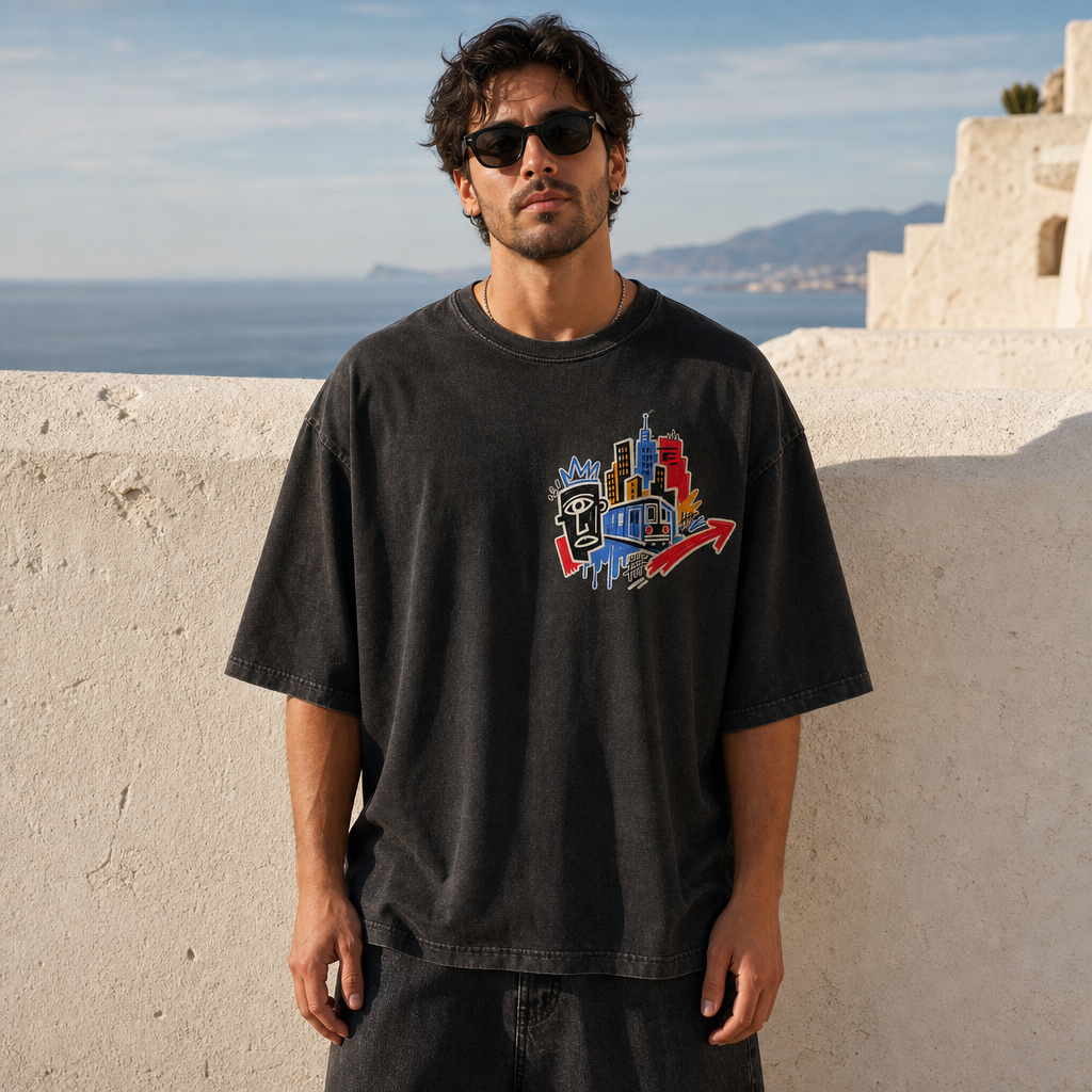 Street Notes Oversized Tee in Black – front view worn by an adult man