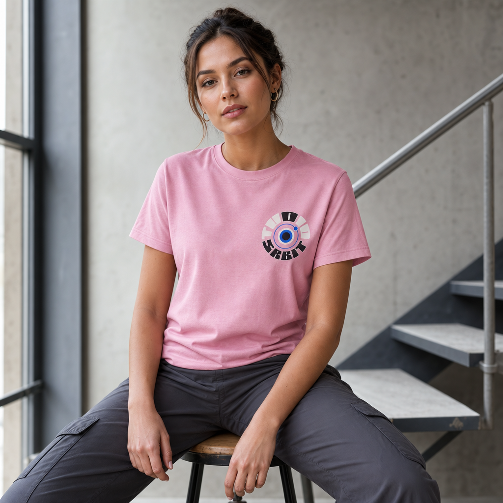 Studio Orbit Women's Tee in White – front view worn by an adult woman