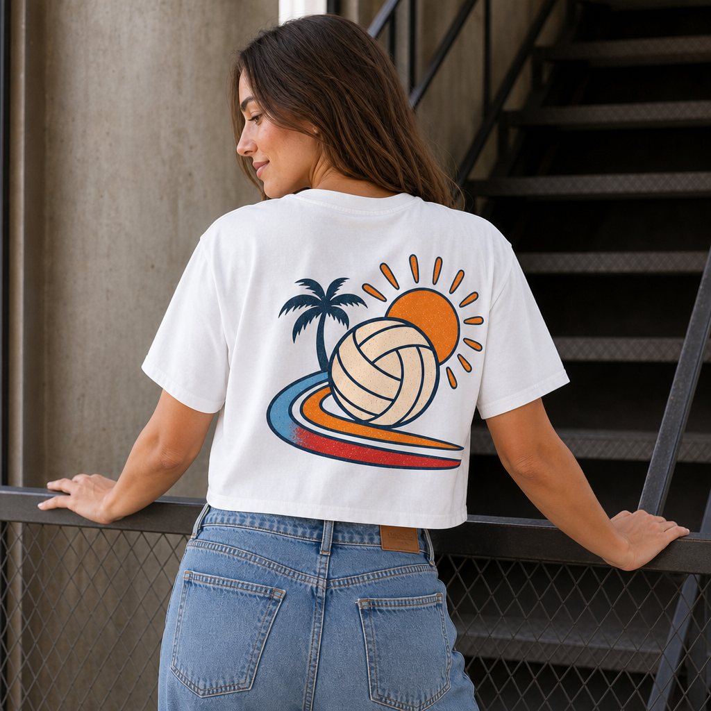 Sunset Volley Crop Top in Black – back view worn by an adult woman