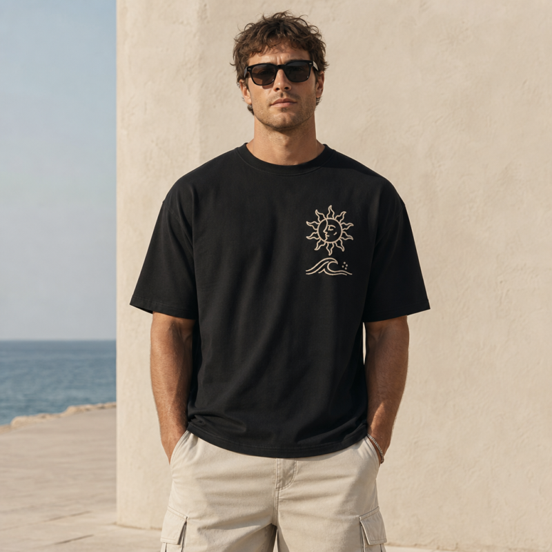 Tide And Sun Boxy Tee in Black – front view worn by an adult man