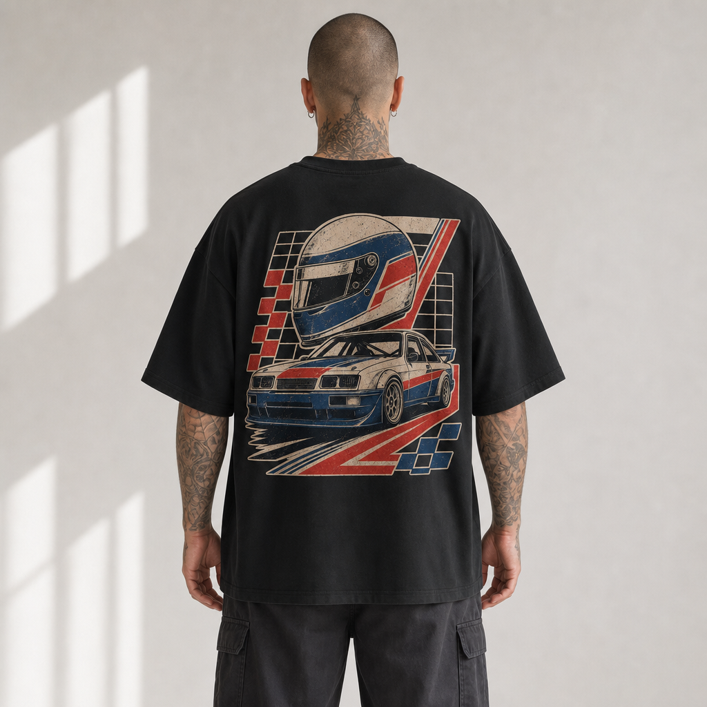 Touring Club Oversized Tee in Black – back view worn by an adult man