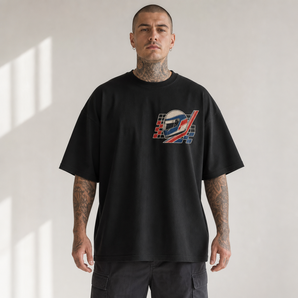 Touring Club Oversized Tee in Black – front view worn by an adult man