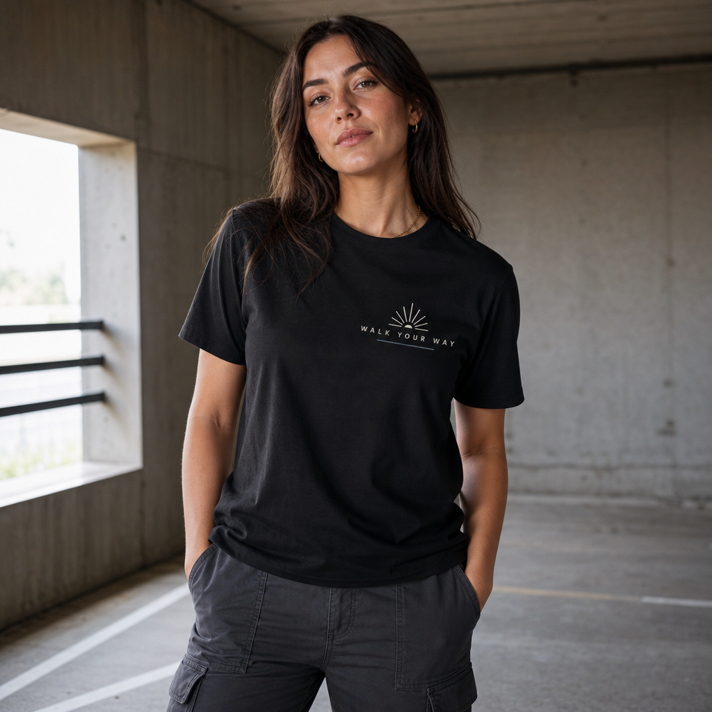 Walk Your Way Women's Tee in Black – front view worn by an adult woman