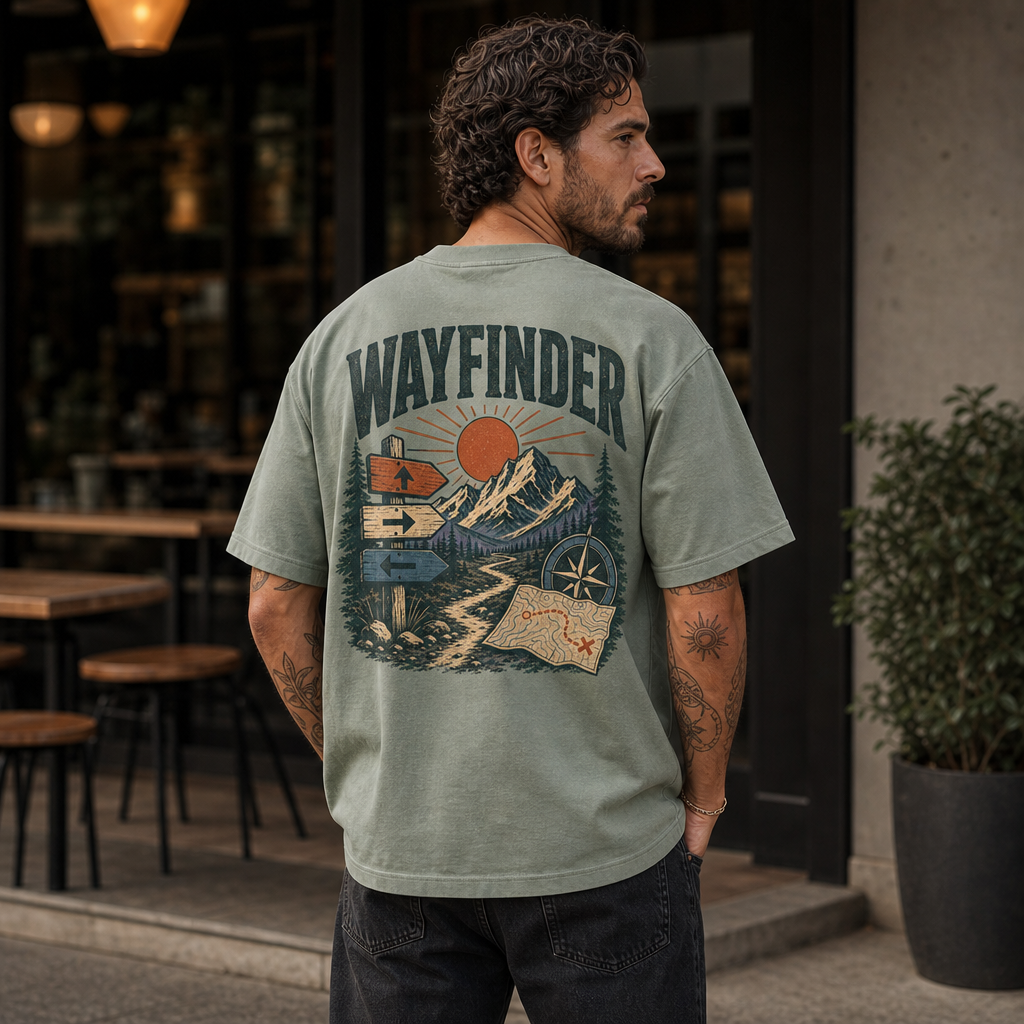 Wayfinder Heavyweight Tee in Sand – back view worn by an adult man